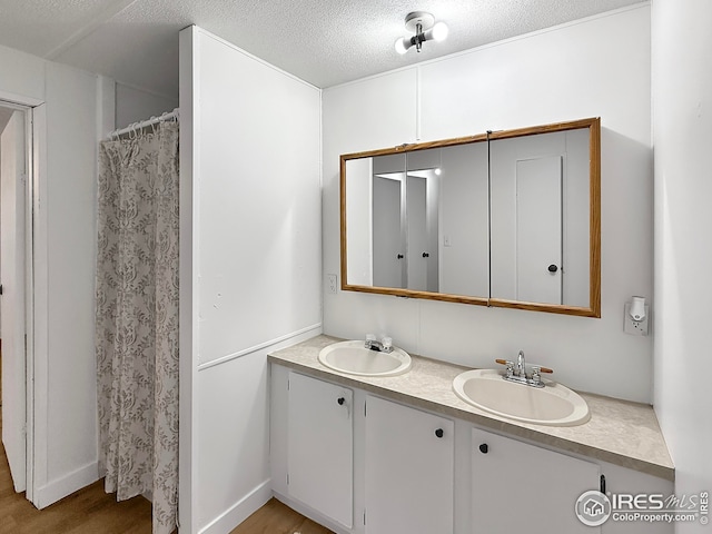 306 E Arapahoe St, Fleming, CO 80728 - bathroom featuring double vanity, wood finished floors, and a textured ceiling