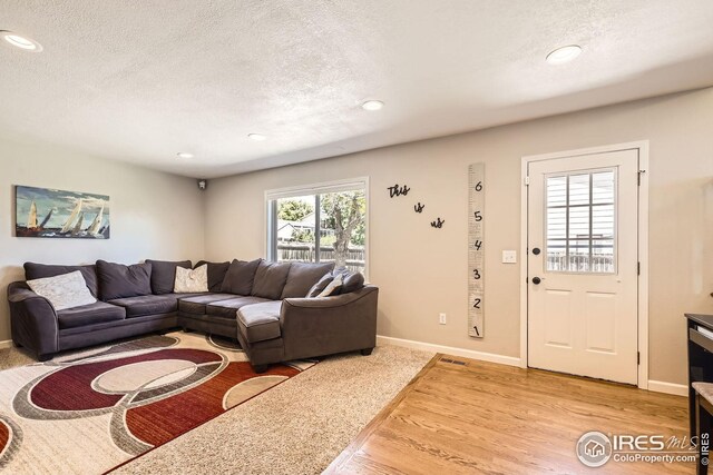 2447 E 100th Way, Thornton, CO 80229 - living area with a textured ceiling, recessed lighting, light wood-type flooring, and baseboards