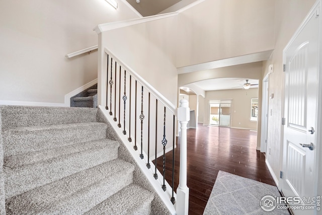 848 Shirttail Peak Dr, Windsor, CO 80550 - stairway featuring arched walkways, a ceiling fan, wood finished floors, and baseboards