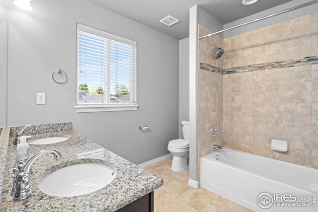 848 Shirttail Peak Dr, Windsor, CO 80550 - bathroom with toilet, double vanity, shower / bathtub combination, tile patterned floors, and baseboards