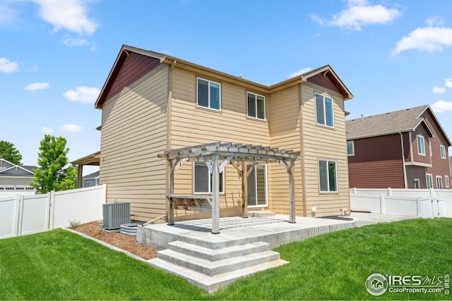 848 Shirttail Peak Dr, Windsor, CO 80550 - back of property featuring a pergola, a patio area, central air condition unit, and a gate