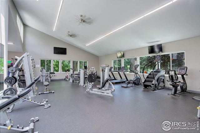 2802 Sundown Ln Unit 210, Boulder, CO 80303 - workout area featuring ceiling fan and high vaulted ceiling
