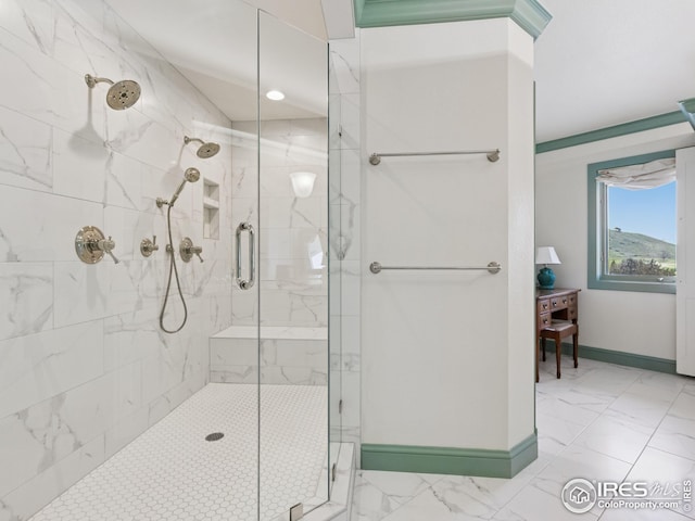 8000 N 41st St, Longmont, CO 80503 - bathroom featuring a marble finish shower and marble finish floors