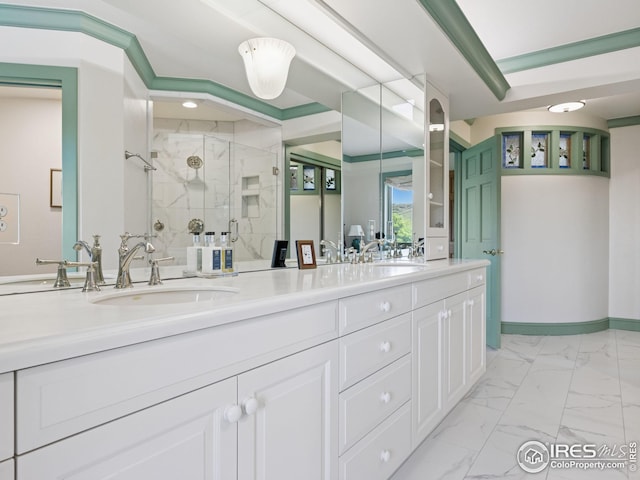 8000 N 41st St, Longmont, CO 80503 - full bathroom with a marble finish shower, double vanity, and marble look tiles