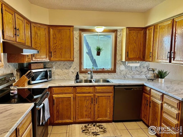 1722 Pheasant Rdg, Sterling, CO 80751 - kitchen featuring dishwashing machine, electric range, a sink, under cabinet range hood, and stainless steel microwave