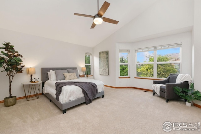 3514 Copper Spring Dr, Fort Collins, CO 80528 - carpeted bedroom with high vaulted ceiling and ceiling fan