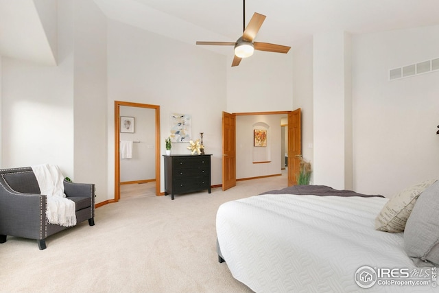 3514 Copper Spring Dr, Fort Collins, CO 80528 - bedroom with high vaulted ceiling, light carpet, and a ceiling fan