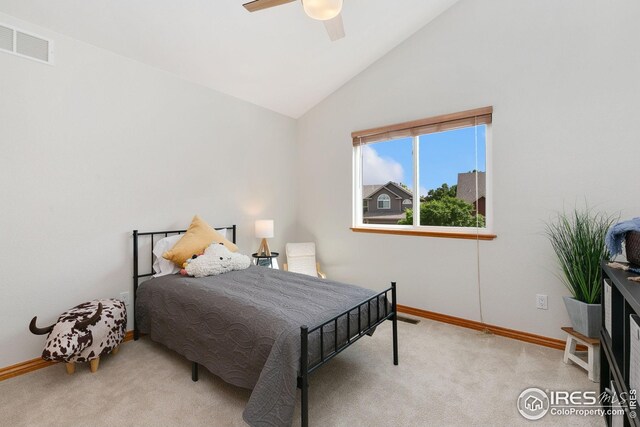 3514 Copper Spring Dr, Fort Collins, CO 80528 - carpeted bedroom with ceiling fan and high vaulted ceiling