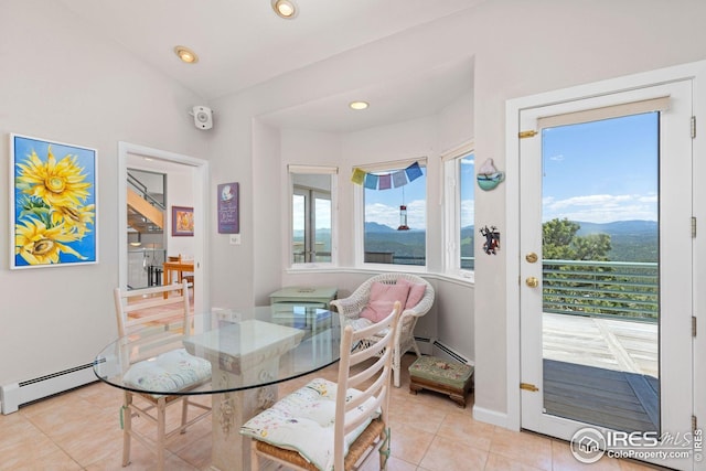 606 Sugarloaf Mountain Rd, Boulder, CO 80302 - tiled dining space with a baseboard heating unit, recessed lighting, and a mountain view