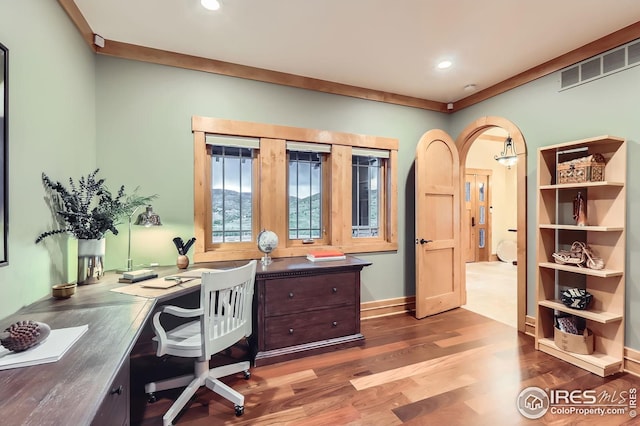 1570 County Road 37e, Lyons, CO 80540 - office space featuring wood finished floors, recessed lighting, and arched walkways