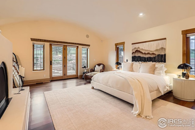 1570 County Road 37e, Lyons, CO 80540 - bedroom with access to exterior, wood finished floors, lofted ceiling, and recessed lighting