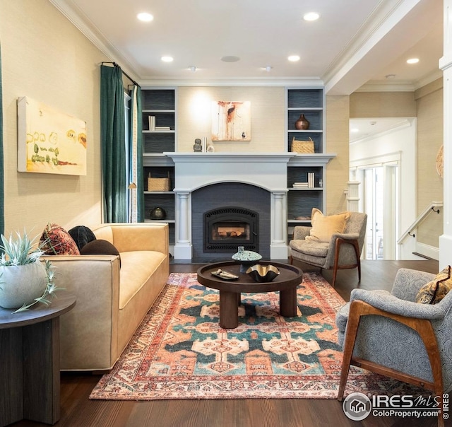 512 Marine St, Boulder, CO 80302 - living area featuring a fireplace, ornamental molding, wood finished floors, recessed lighting, and built in features