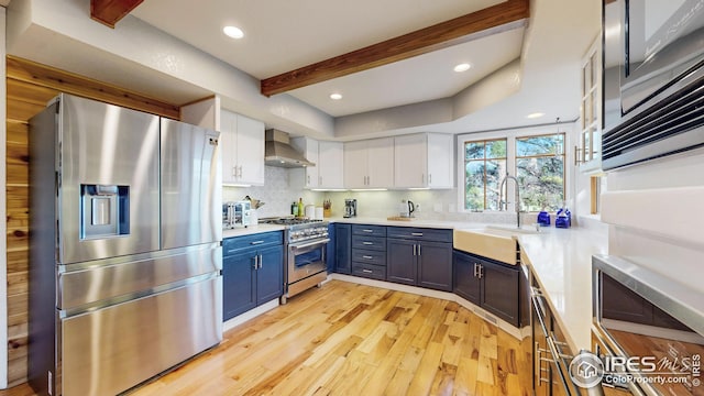 2029 Uplands Cir, Estes Park, CO 80517 - kitchen featuring stainless steel appliances, wall chimney exhaust hood, beam ceiling, blue cabinetry, and white cabinets