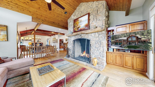 2029 Uplands Cir, Estes Park, CO 80517 - living area featuring lofted ceiling, light wood finished floors, ceiling fan, a chandelier, and wood ceiling