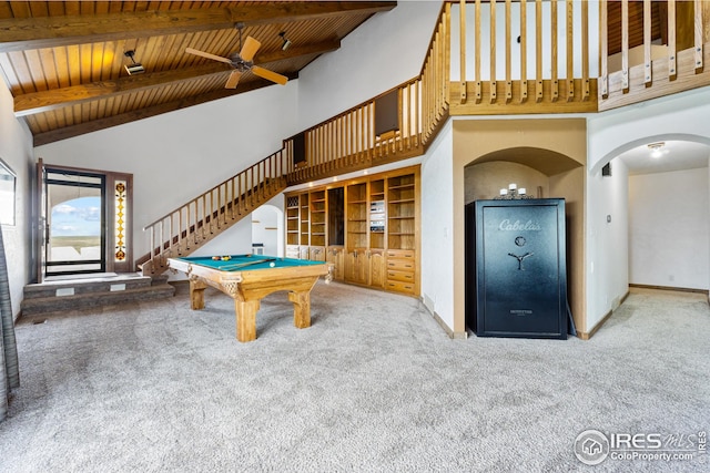 14975 US Highway 385, Julesburg, CO 80737 - rec room with high vaulted ceiling, a wooden ceiling with exposed beams, arched walkways, carpet flooring, and billiards