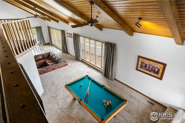 14975 US Highway 385, Julesburg, CO 80737 - recreation room featuring ceiling fan, carpet, a wood ceiling with exposed beams, and billiards table