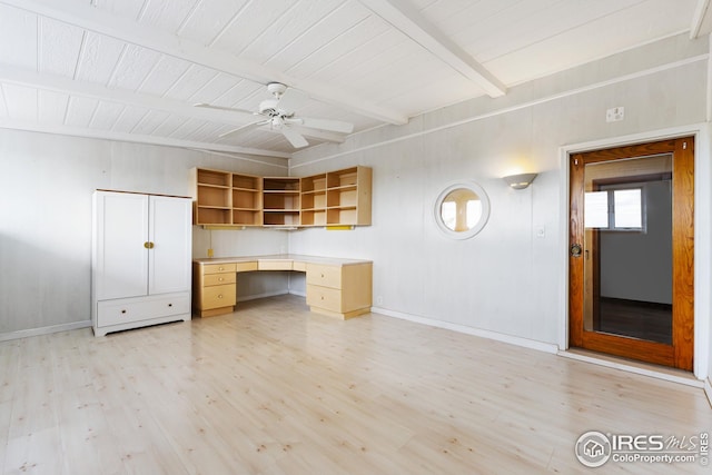 14975 US Highway 385, Julesburg, CO 80737 - unfurnished office featuring built in study area, light wood finished floors, ceiling fan, and a wooden ceiling with exposed beams