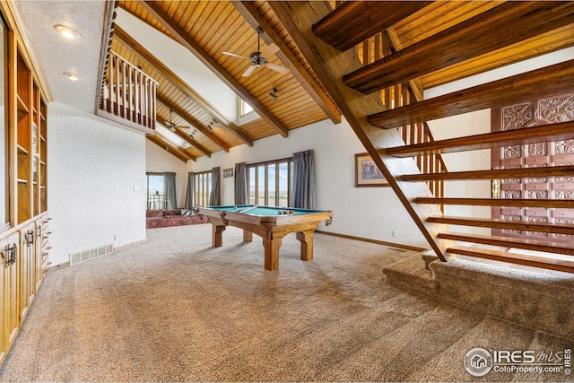 14975 US Highway 385, Julesburg, CO 80737 - rec room with carpet, pool table, a ceiling fan, a wooden ceiling with exposed beams, and high vaulted ceiling