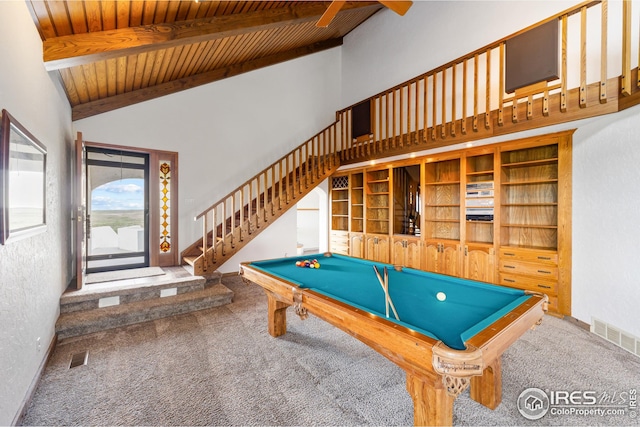14975 US Highway 385, Julesburg, CO 80737 - rec room featuring carpet flooring, pool table, a wooden ceiling with exposed beams, and high vaulted ceiling