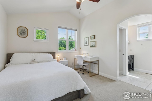 1944 Arapahoe Ave Unit A, Boulder, CO 80302 - bedroom with arched walkways, lofted ceiling, light colored carpet, and ceiling fan