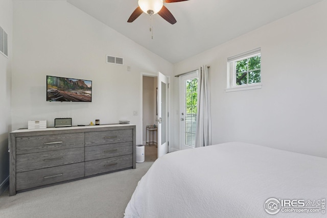 1944 Arapahoe Ave Unit A, Boulder, CO 80302 - bedroom with access to exterior, vaulted ceiling, light carpet, and ceiling fan