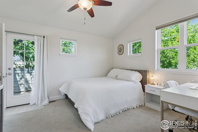 1944 Arapahoe Ave Unit A, Boulder, CO 80302 - carpeted bedroom with access to outside, lofted ceiling, and ceiling fan