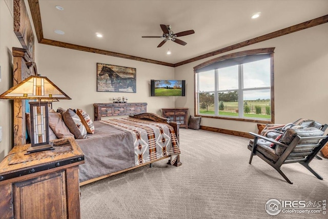 37021 Kingfisher Ct, Severance, CO 80550 - carpeted bedroom featuring ornamental molding, recessed lighting, and a ceiling fan