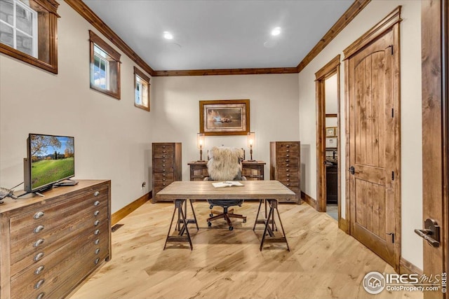 37021 Kingfisher Ct, Severance, CO 80550 - office area featuring crown molding, light wood-style flooring, and recessed lighting
