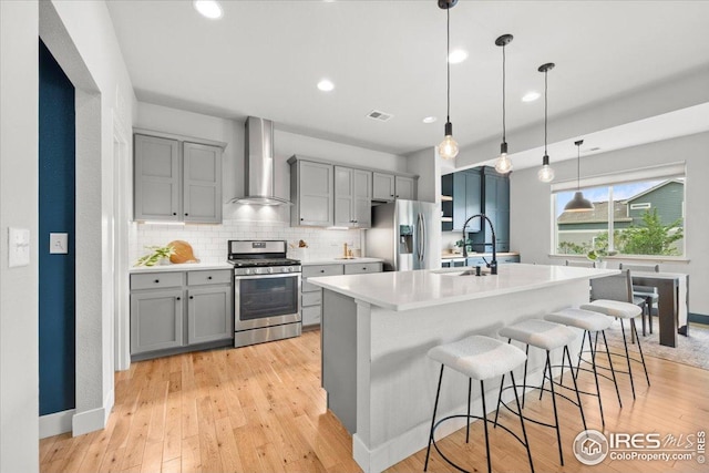 415 Stout St, Fort Collins, CO 80524 - kitchen with stainless steel appliances, wall chimney exhaust hood, gray cabinets, light countertops, and a kitchen island with sink