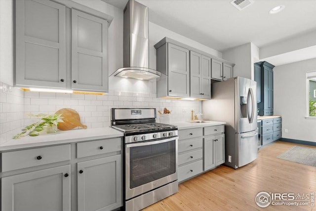 415 Stout St, Fort Collins, CO 80524 - kitchen featuring stainless steel appliances, wall chimney exhaust hood, light countertops, light wood-type flooring, and tasteful backsplash