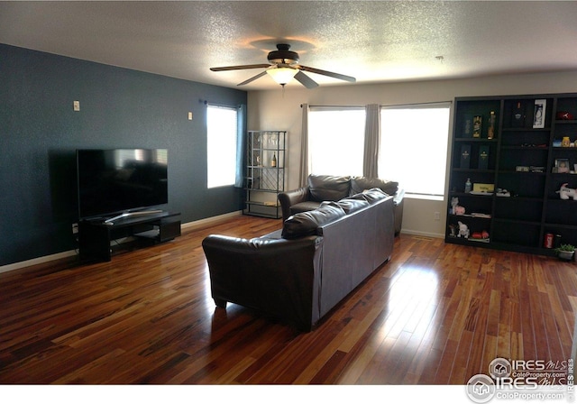 12609 Jersey Cir W, Thornton, CO 80602 - living room featuring a ceiling fan, wood finished floors, and a textured ceiling