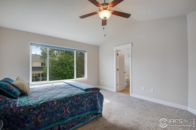 108 Wake St, Frederick, CO 80530 - bedroom featuring carpet flooring, lofted ceiling, connected bathroom, and ceiling fan
