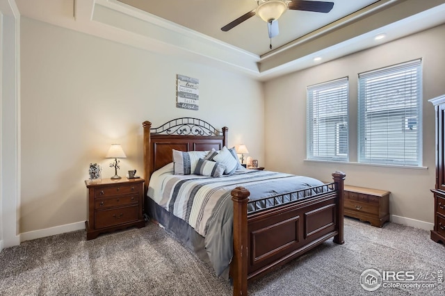 7840 Cattail Grn, Frederick, CO 80530 - bedroom featuring carpet floors, a tray ceiling, ceiling fan, and recessed lighting
