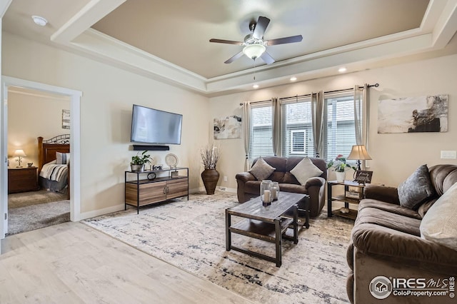 7840 Cattail Grn, Frederick, CO 80530 - living area with a tray ceiling, ceiling fan, wood finished floors, and recessed lighting