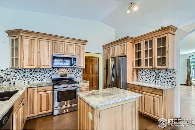 10947 W 100th Dr, Westminster, CO 80021 - kitchen featuring appliances with stainless steel finishes, vaulted ceiling, backsplash, light stone countertops, and arched walkways