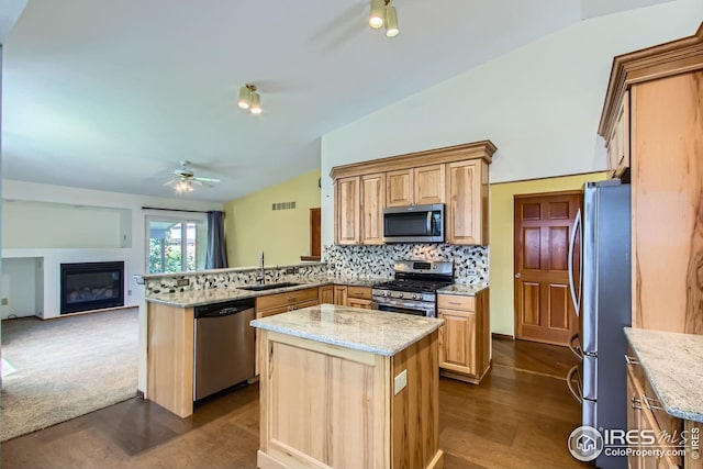 10947 W 100th Dr, Westminster, CO 80021 - kitchen with appliances with stainless steel finishes, lofted ceiling, a ceiling fan, a peninsula, and open floor plan