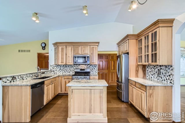 10947 W 100th Dr, Westminster, CO 80021 - kitchen featuring stainless steel appliances, lofted ceiling, light brown cabinetry, a peninsula, and backsplash