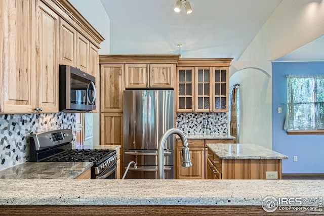 10947 W 100th Dr, Westminster, CO 80021 - kitchen featuring stainless steel appliances, light stone countertops, tasteful backsplash, and glass insert cabinets