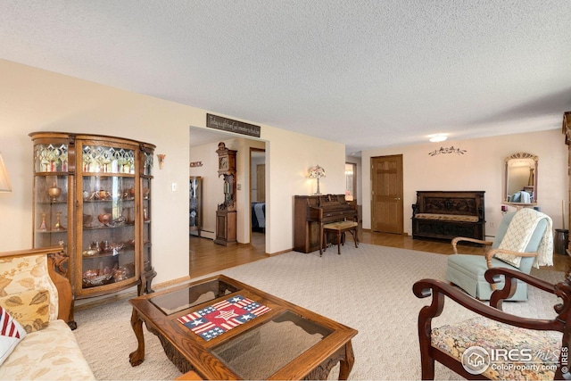 living room with a textured ceiling, light hardwood / wood-style flooring, and a baseboard heating unit