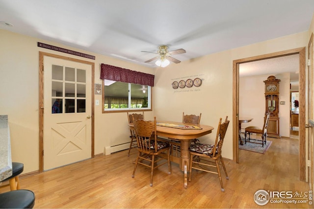 dining area featuring light wood-type flooring, a baseboard heating unit, and ceiling fan