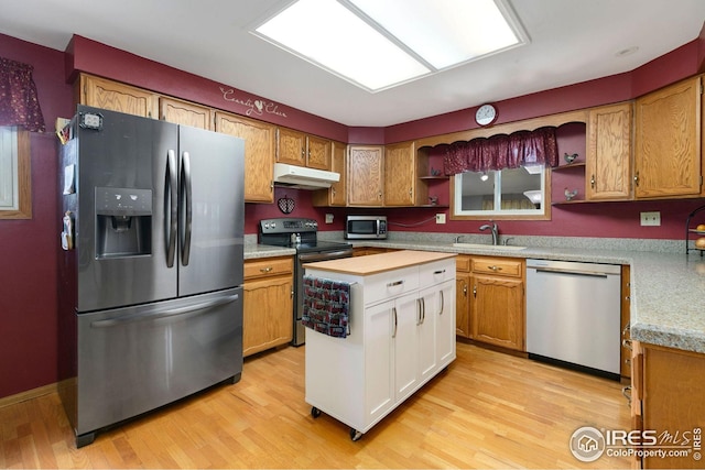 kitchen with light wood-type flooring, white cabinetry, sink, and stainless steel appliances