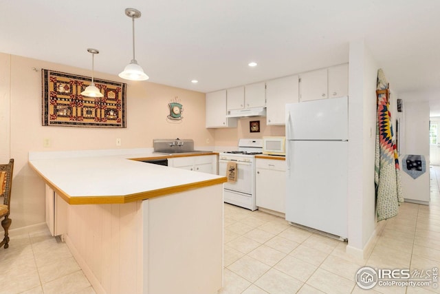 kitchen with white cabinets, light tile patterned floors, kitchen peninsula, white appliances, and decorative light fixtures