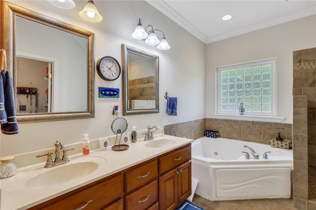 bathroom with tile patterned flooring, a sink, a whirlpool tub, and double vanity