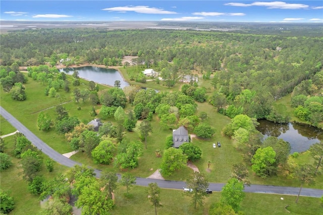 bird's eye view with a wooded view and a water view