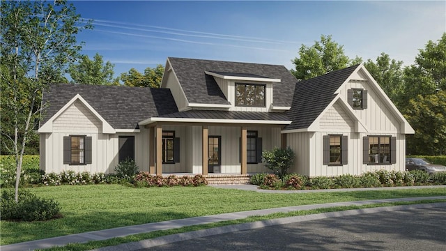 modern farmhouse style home featuring board and batten siding, a front yard, roof with shingles, metal roof, and a standing seam roof