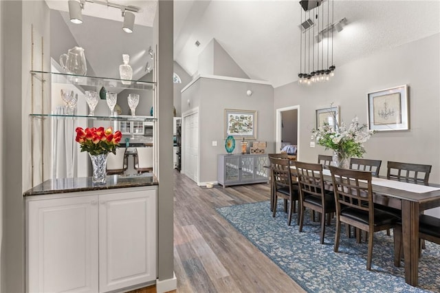 dining room with baseboards, wood finished floors, vaulted ceiling, a textured ceiling, and track lighting