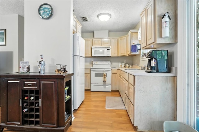 125 Enterprise St, Brunswick, GA 31525 - kitchen featuring white appliances, a textured ceiling, light brown cabinetry, light wood finished floors, and light countertops