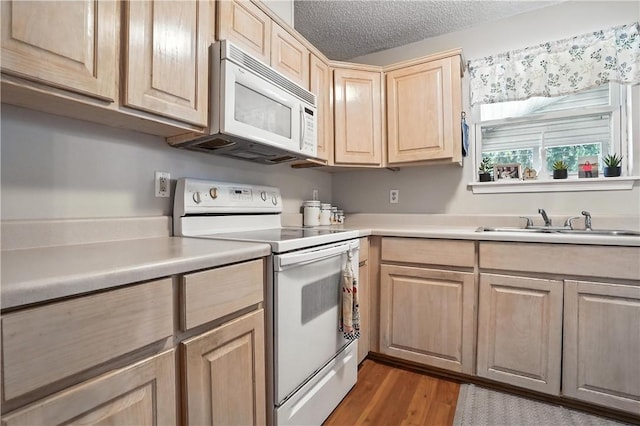 125 Enterprise St, Brunswick, GA 31525 - kitchen with white appliances, light brown cabinets, light wood finished floors, light countertops, and a textured ceiling