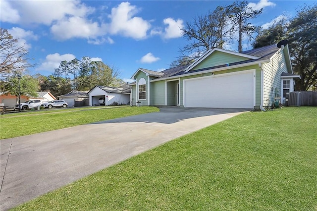 ranch-style house featuring driveway, a front lawn, and an attached garage