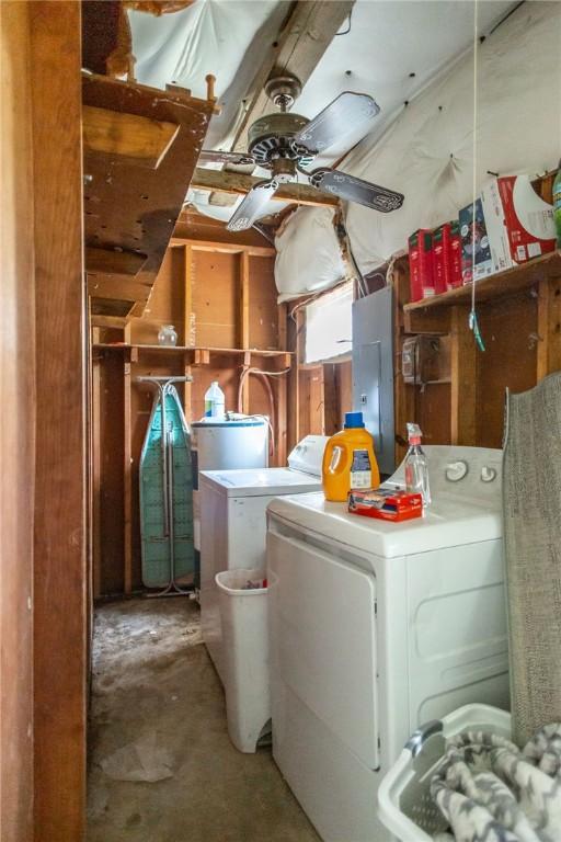 300 Community Dr, Waycross, GA 31501 - washroom featuring electric panel, washing machine and dryer, and ceiling fan